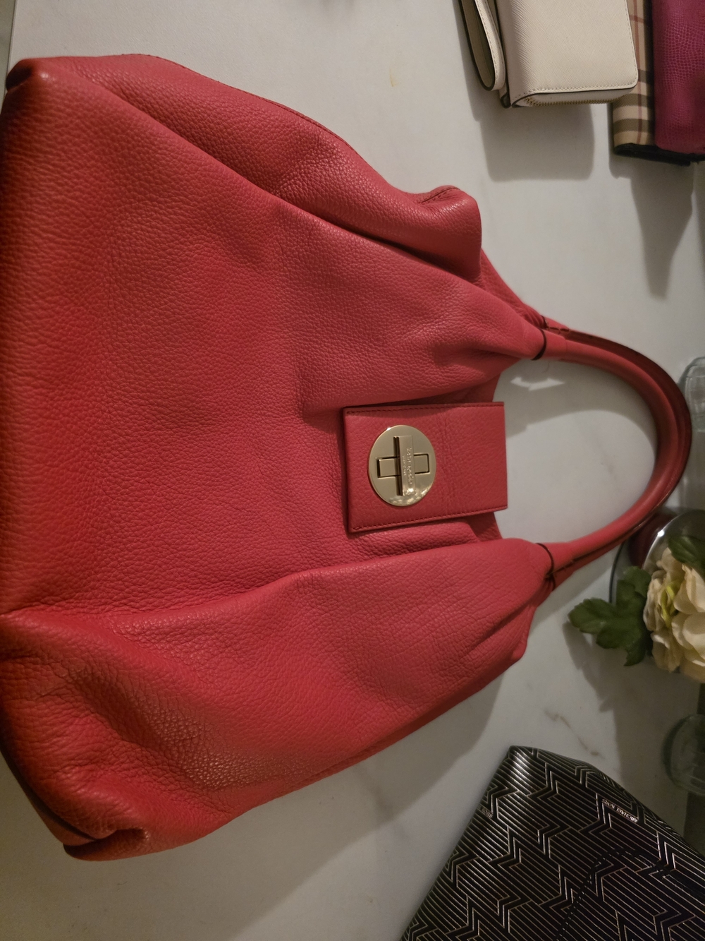 kate spade Coral Red Pebbled Leather Tote with Gold Turn-Lock